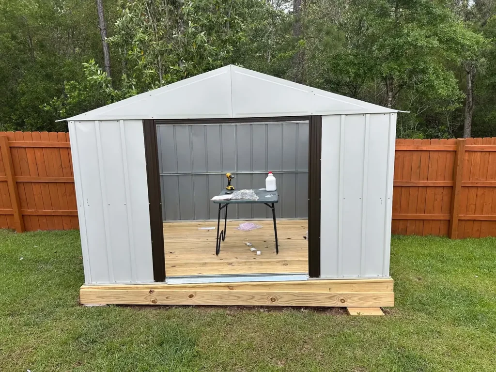 Storage shed assembled in Pensacola backyard